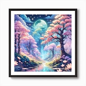 A Fantasy Forest With Twinkling Stars In Pastel Tone Square Composition 62 Art Print