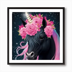 Black Unicorn With Pink Flowers Art Print
