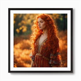 Red Haired Girl In Autumn Forest Art Print