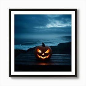 Jack O Lantern With A Glaring Eye Atop A Wooden Table On A Skittish Misty Coastline During Dusk S (7) Art Print