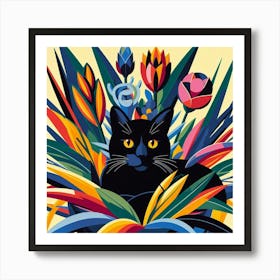 Black Cat In Flowers 1 Art Print