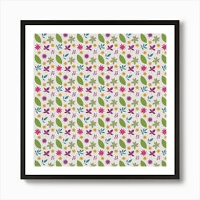 Pattern Flowers Leaves Green Purple Pink Art Print