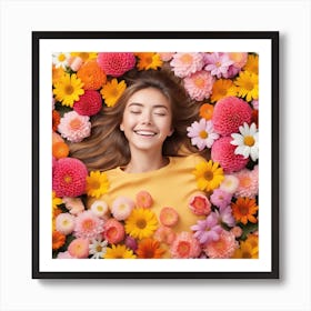 Beautiful Young Woman Laying On Flowers Art Print