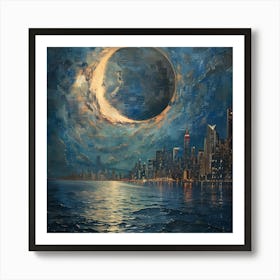 Moon Over Chicago, Tiny Dots, Pointillism Art Print