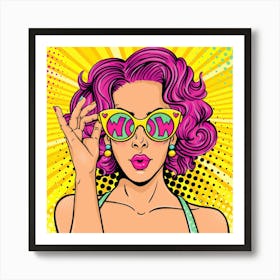Pop Art Purple Haired Girl With WOW Sunglasses Art Print