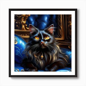 Black Cat In A Blue Chair Art Print