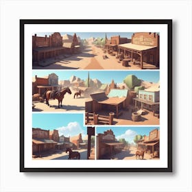 Western Town In Texas With Horses No People Low Poly Isometric Art 3d Art High Detail Artstati (2) Art Print