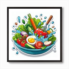 A Plate Of Food And Vegetables Sticker Top Splashing Water View Food 4 Art Print