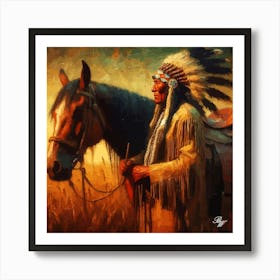 Elderly Native American Warrior With Horse Art Print