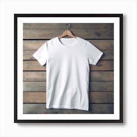 White T - Shirt Hanging On Wooden Wall Art Print