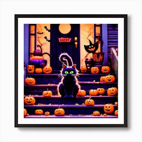 Halloween Cat In Front Of House 1 Art Print