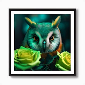 owl with dolphin colors, lime roses 1 Art Print