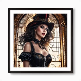 Steampunk Beauty with Hat Art Print