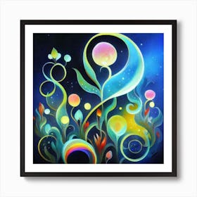 Abstract oil painting: Water flowers in a night garden Art Print