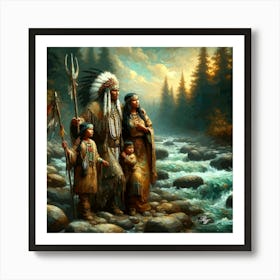 Oil Texture Native American Family By Stream 3 Copy Art Print