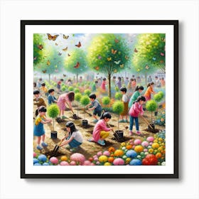 Growing Together Wall Print Art A Delightful Scene Of Children Planting Trees And Flowers, Perfect For Promoting Teamwork And Environmental Awareness In Any School Space Art Print