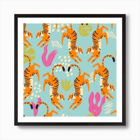 Prancing Tiger Pattern On Blue With Tropical Leaves Square Art Print