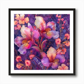 Iris Flowers On Purple Background Art Print