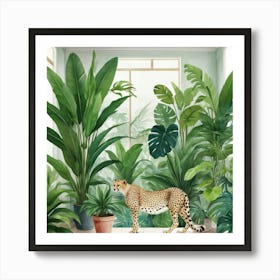 Indoor Tropical Plant Jungle With Cheetah Art Print 1 Art Print