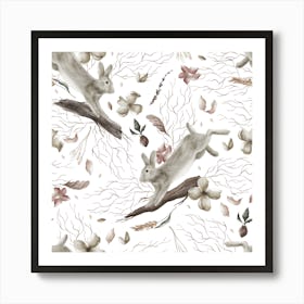White Colorful Minimalist Wood Rabbit Floral Pattern Art Canvas Print Art Print