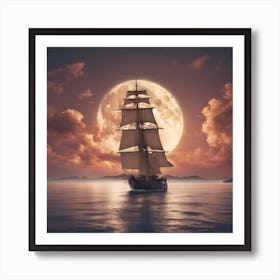 Sailing Ship At Night Art Print