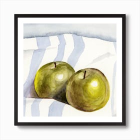 Watercolor Apples painting still life kitchen art food fruits square white green hand painted Art Print