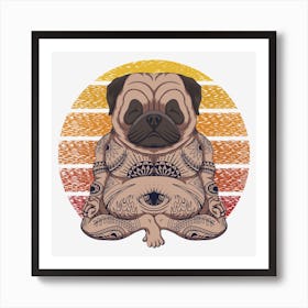 Yoga Pug Dog Sunset Retro Vector Illustration Art Print