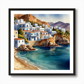 Watercolor Of A Greek Village.Summer on a Greek island. Sea. Sand beach. White houses. Blue roofs. The beauty of the place. Watercolor. Art Print