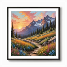 Sunset in the Mountains, Boho Landscape, Wildflowers Art Print Art Print