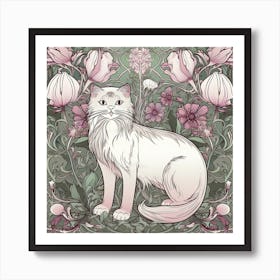 William Morris  Inspired  Classic Cats White Cat Sage And Pink Square Art Print