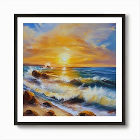 The sea. Beach waves. Beach sand and rocks. Sunset over the sea. Oil on canvas artwork.16 Art Print