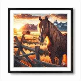 Western Horse At Sunset 2 Oil Texture Art Print