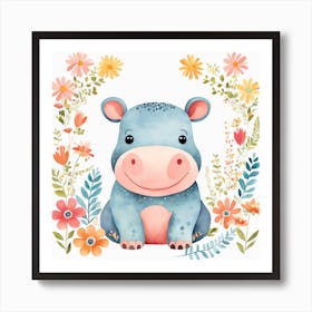 Floral Baby Hippo Nursery Illustration (4) Art Print