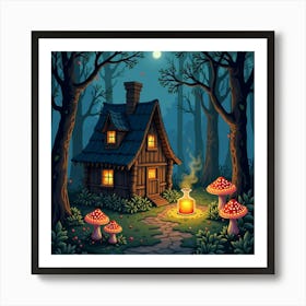 Witch Brewing Potions In A Forest Cabin Surrounded By Glowing Mushrooms 1 Art Print