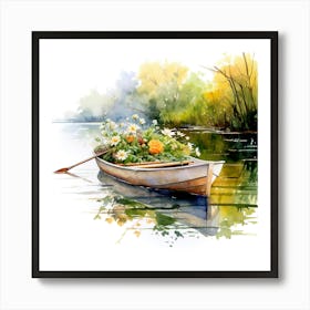 Watercolor Boat With Flowers Art Print