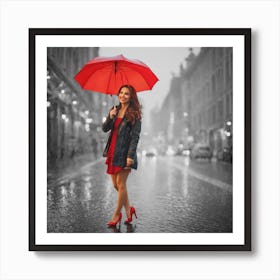 Beautiful Woman In Rain With Red Umbrella Art Print