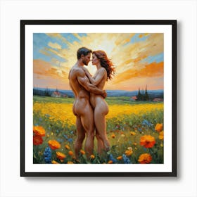 'Sunrise and Naked Couple' Art Print