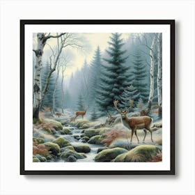 Deer In The Winter Woods, Acrylic Painting Style Art Print