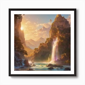 Nature Waterfall With Rainbow Art Print