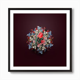 Vintage Sun's Eye Tulip Floral Wreath on Wine Red n.0707 Art Print