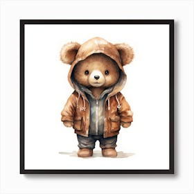 Watercolour Cartoon Brown Bear In A Hoodie 2 Art Print