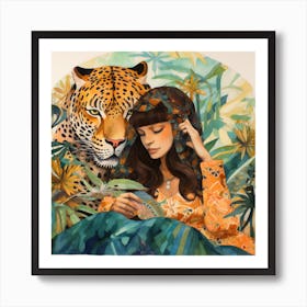 Woman And A Leopard Affiche