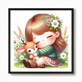 Cute Girl Hugging A Deer Art Print