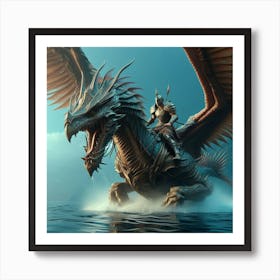 A warrior sitting on a giant creature and riding it in the water Art Print