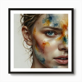 Portrait Of A Young Woman With Watercolor Paint Art Print