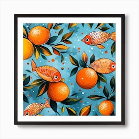 Seamless Pattern With Oranges And Fish Art Print