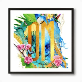 Om Botanical And Floral Text With Humming Bird In Gold, Pink, Blue And Green Art Print