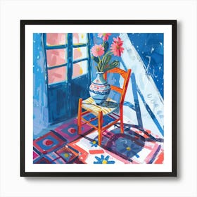 Colorful Room Painting With Flowers And Chair A Cheerful Artwork Poster