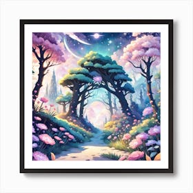 A Fantasy Forest With Twinkling Stars In Pastel Tone Square Composition 303 Art Print