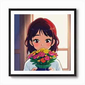 Anime Girl Holding Flowers 1 Art Print